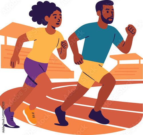 Dynamic Flat Vector Illustration of Two Athletes Sprinting on a Race Track in a Stadium, Capturing Speed, Fitness, Competition, and Outdoor Sports Energy