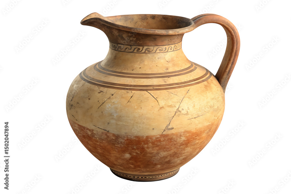 Detailed ancient ceramic pitcher with intricate decorative patterns against a black background isolated studio shot Detailed ancient ceramic pitcher with intricate decorative patterns against a black background isolated studio shot