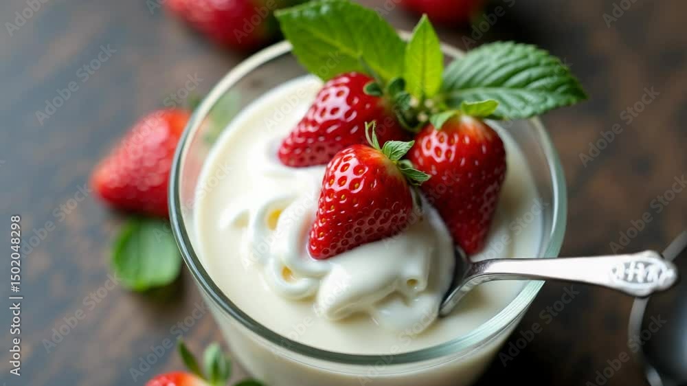 Delicious summer dessert of fresh strawberries with cream in a sunny kitchen setting Delicious summer dessert of fresh strawberries with cream in a sunny kitchen setting