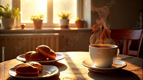 Freshly brewed coffee with pastries on table in sunny kitchen  
