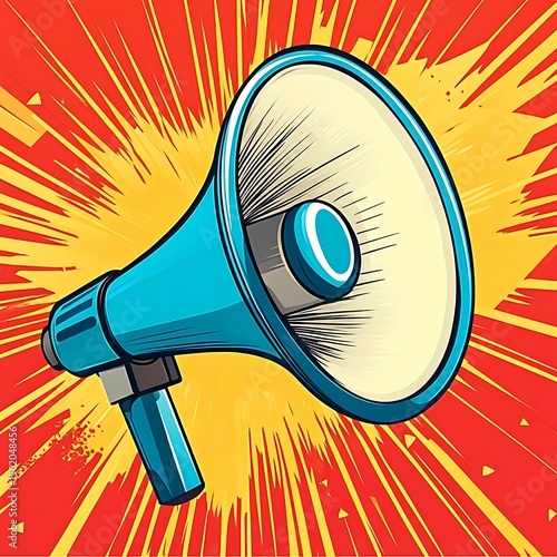 Vibrant megaphone illustration against a dynamic background.