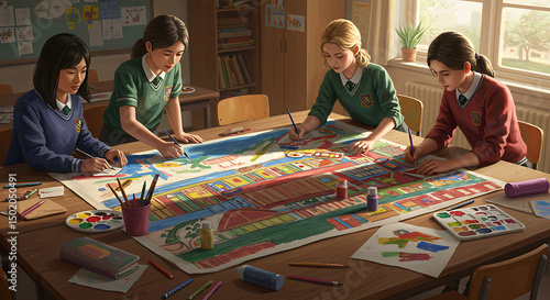 School Students Drawing Cityscape Together on Table