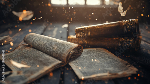 Hyperreal close-up of scrolls and old Bible pages fluttering from Pentecost wind --ar 16:9 --v 6.1 Job ID: 9666c5ed-fdeb-48a9-adf1-8d8babda69ed