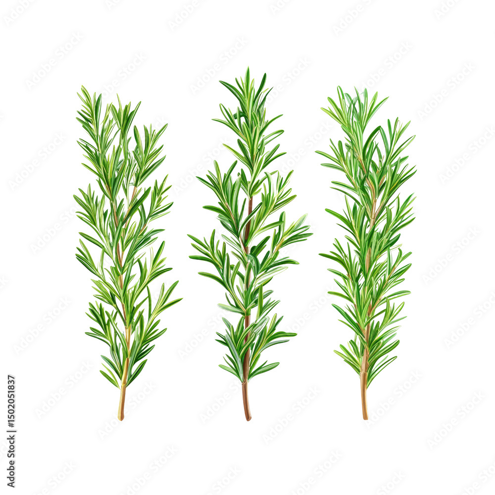 Obraz premium Three Sprigs of Fresh Rosemary Herb Isolated on Transparent Background