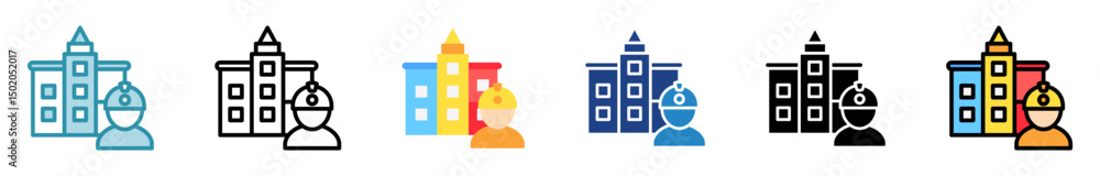 Builder multi style, mini illustration icon set. outline, flat, glyph, line color. vector for UI, UX, app, web, digital or print, related to industry, construction, civil engineering.