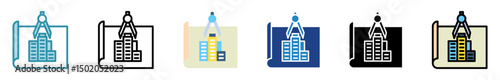 Blueprint multi style, mini illustration icon set. outline, flat, glyph, line color. vector for UI, UX, app, web, digital or print, related to industry, construction, civil engineering.