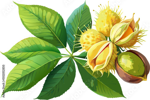 A watercolor painting of a Yellow Buckeye (Aesculus flava), featuring large palmate leaves and drooping yellow flower panicles, isolated on a white background.