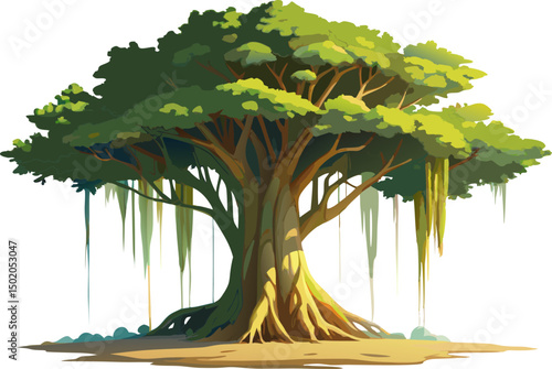 Fotografía A watercolor rendering of a Banyan Tree (Ficus benghalensis), featuring its aerial roots descending from wide-spreading branches, isolated on a white background