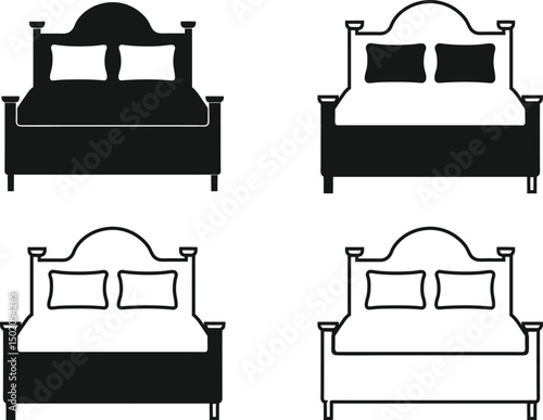 Stylish Bed Silhouette Set, Vector Bedroom Furniture Illustration