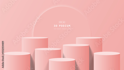Empty room with seven steps pink 3d cylinder podium pedestal or product display stand with round circle background. Minimal wall scene for mockup.3d vector geometric platform. 3d vector rendering.