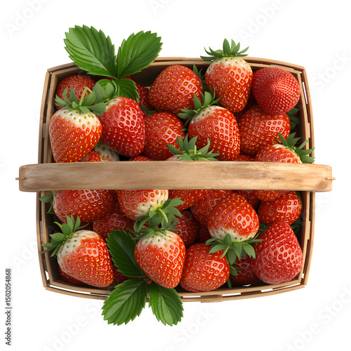3D Top View of Strawberries in Basket Isolated on Transparent Background

