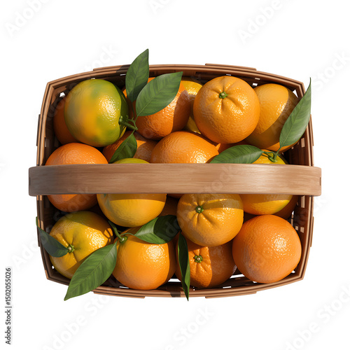 3D Top View of Oranges in Basket Isolated on Transparent Background