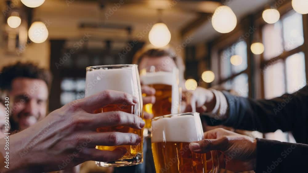 Celebratory toast with beer in a lively pub setting Celebratory toast with beer in a lively pub setting