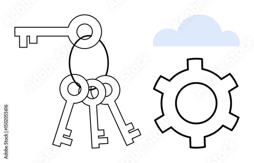 Three keys on a ring next to a gear and cloud. Ideal for security, technology, cloud computing, networking, access management, innovation, and simple landing page
