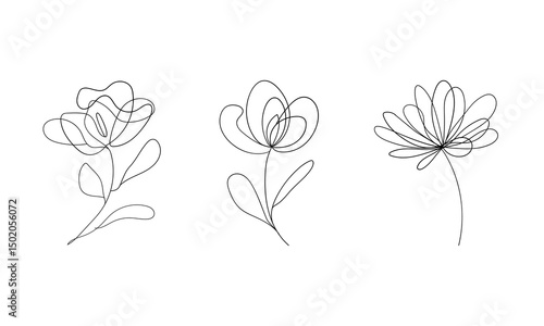 Floral Line Art Trio. A trio of minimal floral outlines without background colors. Perfect for tattoo designs, branding, or clean patterns.