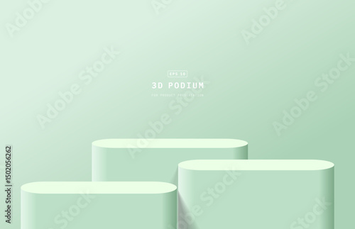 Green studio room with realistic 3D round podium or pedestal for product display. Podium scene for product mockup. 3d stage for showcase. Vector geometric platform. Minimal wall scene for mockup.