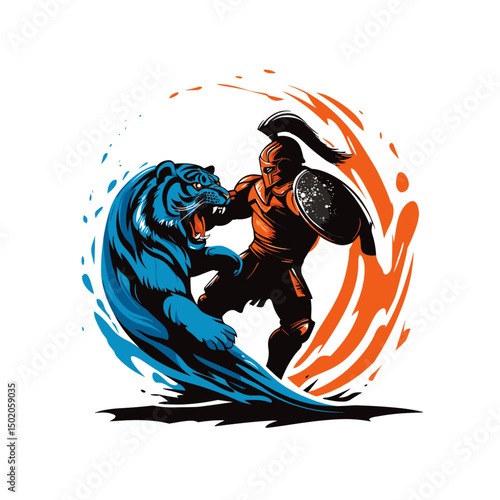 Warrior fight with tiger mascot logo flat vector design