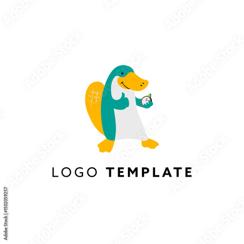 Platypus with stopwatch cartoon hand drawn logo design. 