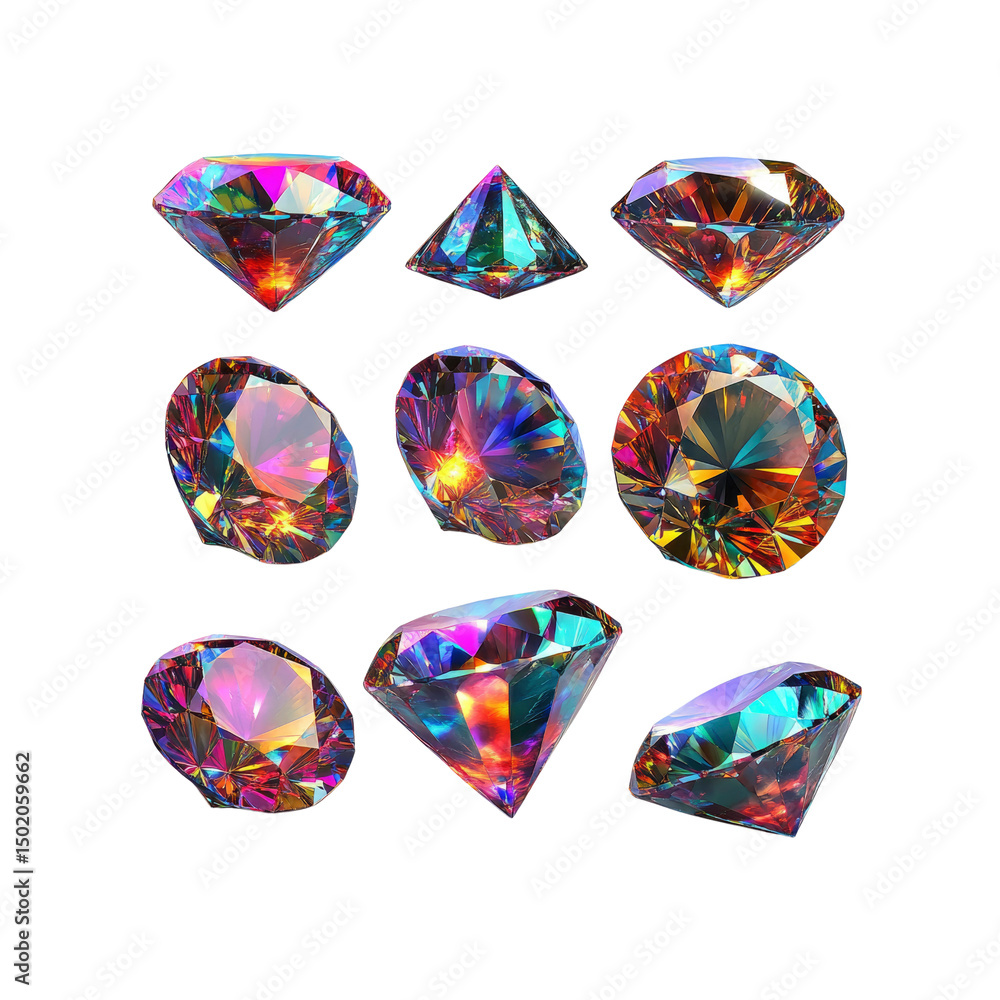 Fototapeta premium Collection of Sparkling Rainbow Diamonds Various Cuts and Angles