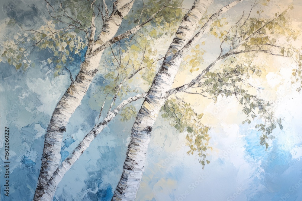 Fototapeta premium Birch trees in a soft, light, painted landscape