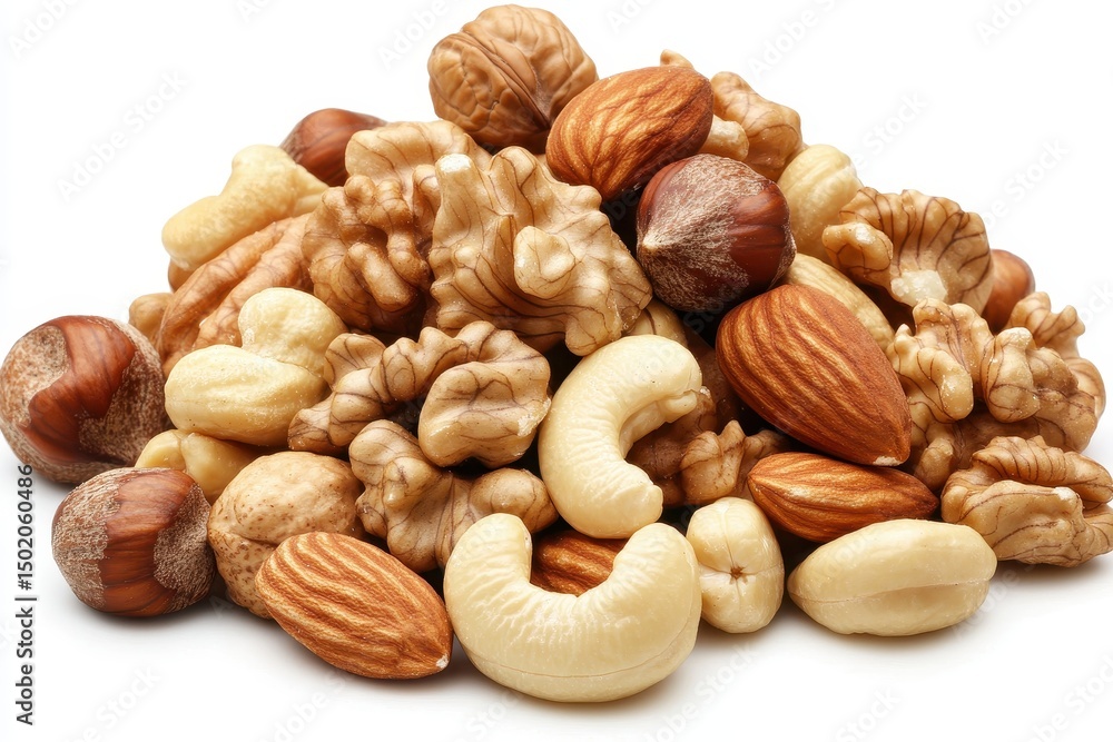 A small pile of mixed nuts, including almonds, cashews, walnuts, and hazelnuts, sits on a white background A small pile of mixed nuts, including almonds, cashews, walnuts, and hazelnuts, sits on a white background
