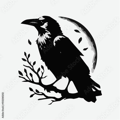 Black raven perched on a tree branch with a moon background  