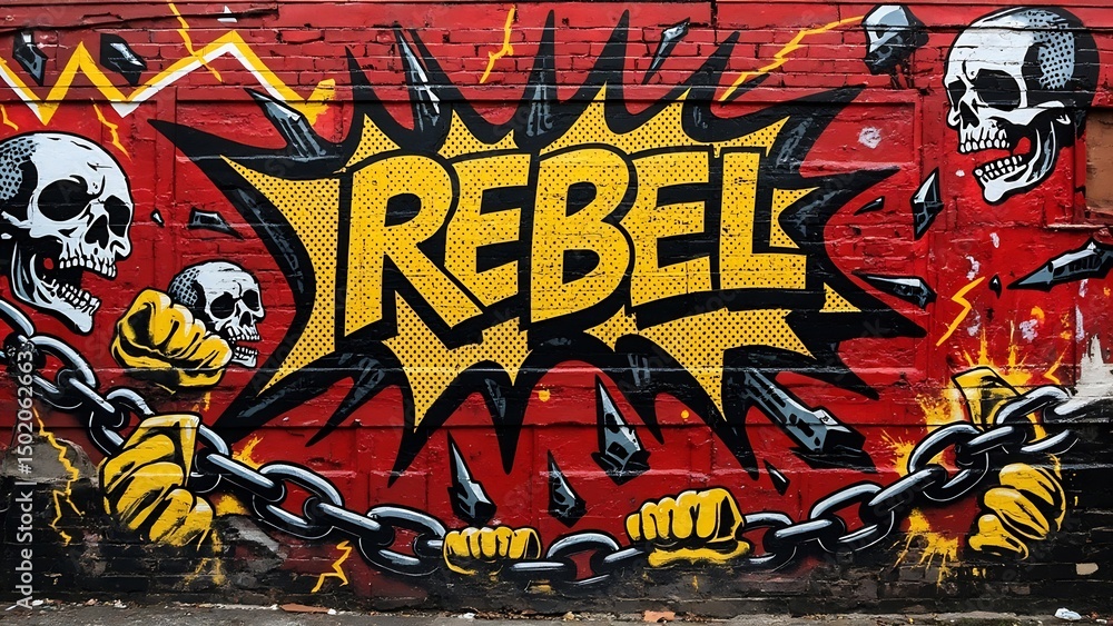 A brick wall with graffiti art featuring skulls, chains, fists, and the word rebel