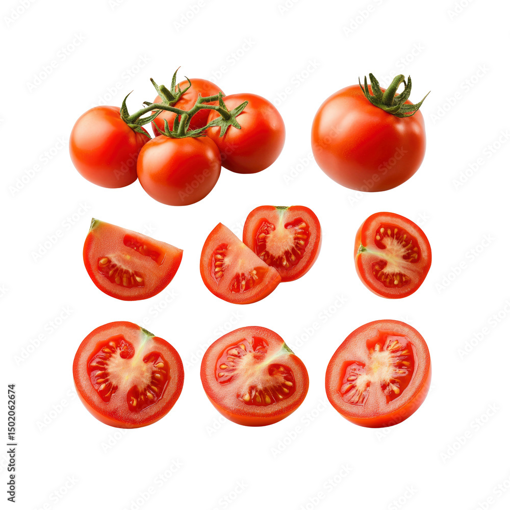 Fresh Red Tomatoes Whole and Sliced, Isolated on Transparent Background Fresh Red Tomatoes Whole and Sliced, Isolated on Transparent Background