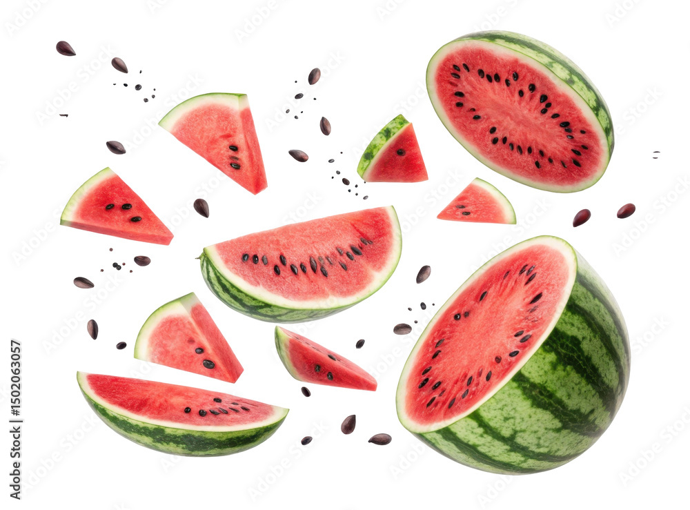 Freshly Cut Watermelon Fruit Slices Floating in Air with Seeds and Transparent Background Freshly Cut Watermelon Fruit Slices Floating in Air with Seeds and Transparent Background