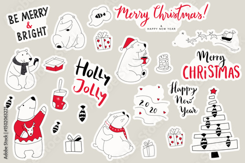 Set of christmas stickers of polar bears. Cartoon collection with cute bears and hand draw lettering Merry Christmas.