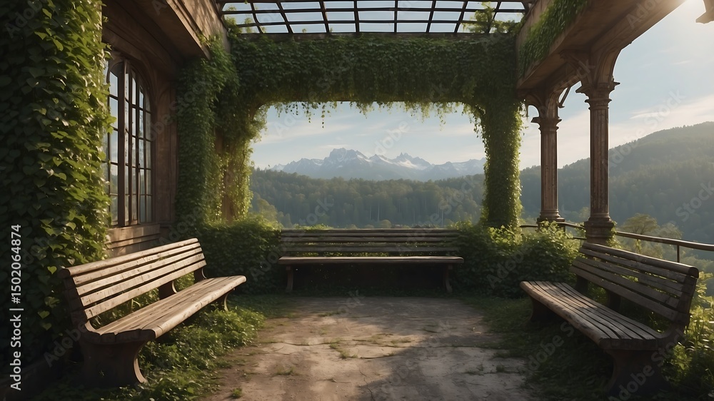 Obraz premium Serene Mountain View from a Verdant Overgrown Gazebo