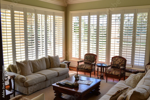 With their wide louvers and custom fit, plantation shutters offer both light control and privacy, framing full-room views with classic elegance and architectural charm