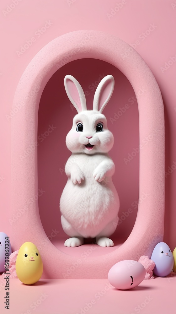 Obraz premium Adorable Easter Bunny in Pink Pastel Setting 3D Render