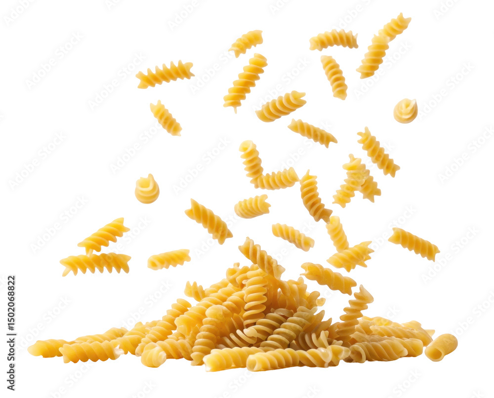 Fusilli Pasta Twists Falling From Above with a Pile on a Transparent Background Fusilli Pasta Twists Falling From Above with a Pile on a Transparent Background