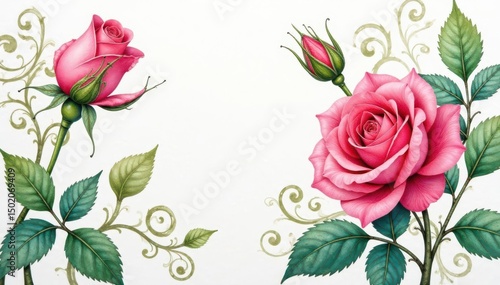 Intricate watercolor rosebuds, swirling leaves, wallpaper, floral