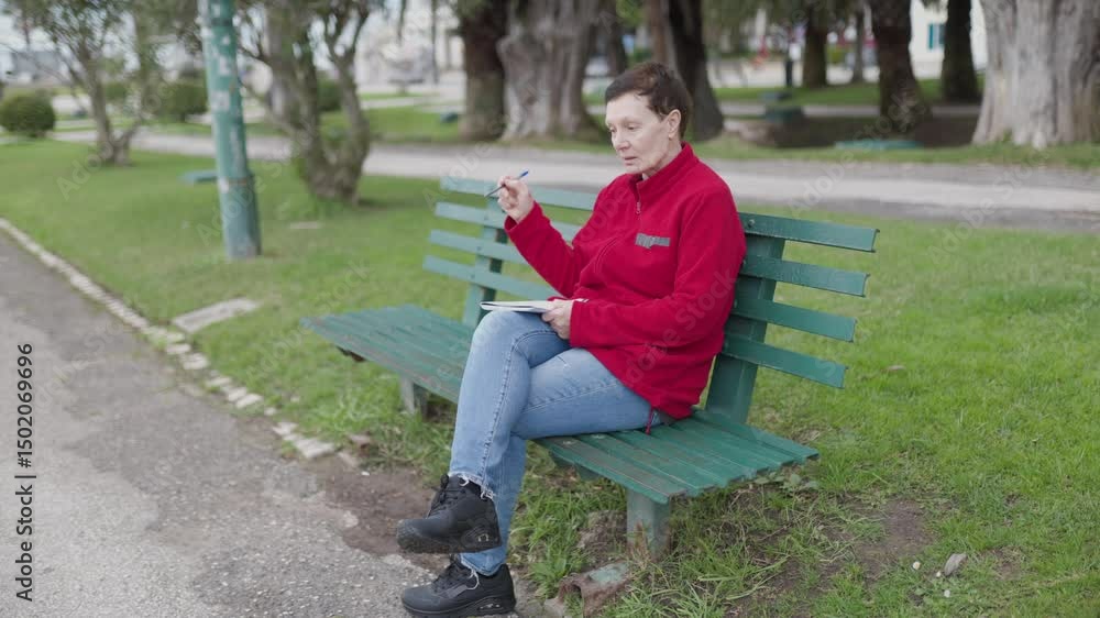 Woman sitting on bench taking notes and talking Woman sitting on bench taking notes and talking