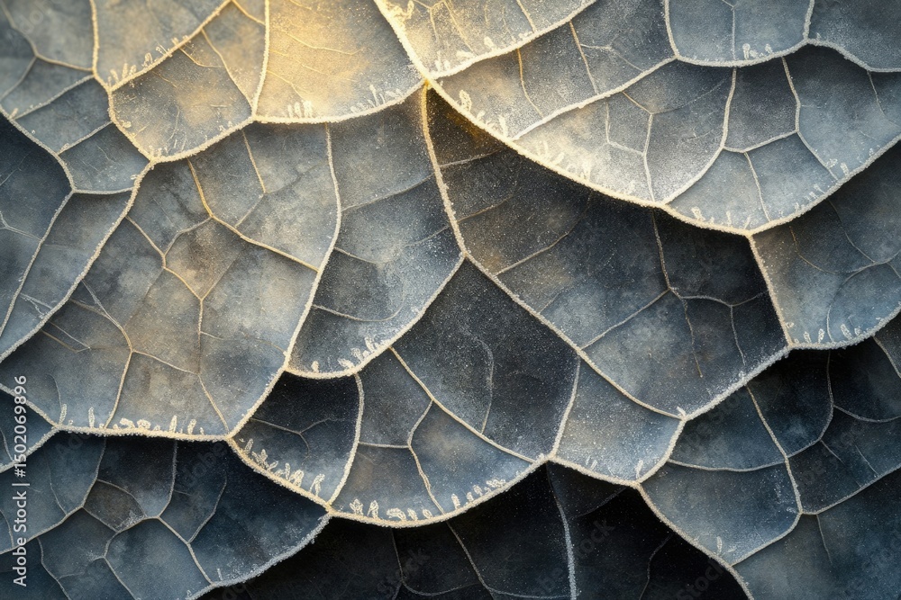 Obraz premium Close-up of a frozen, textured leaf with intricate vein patterns and delicate icy edges, capturing the beauty of nature.