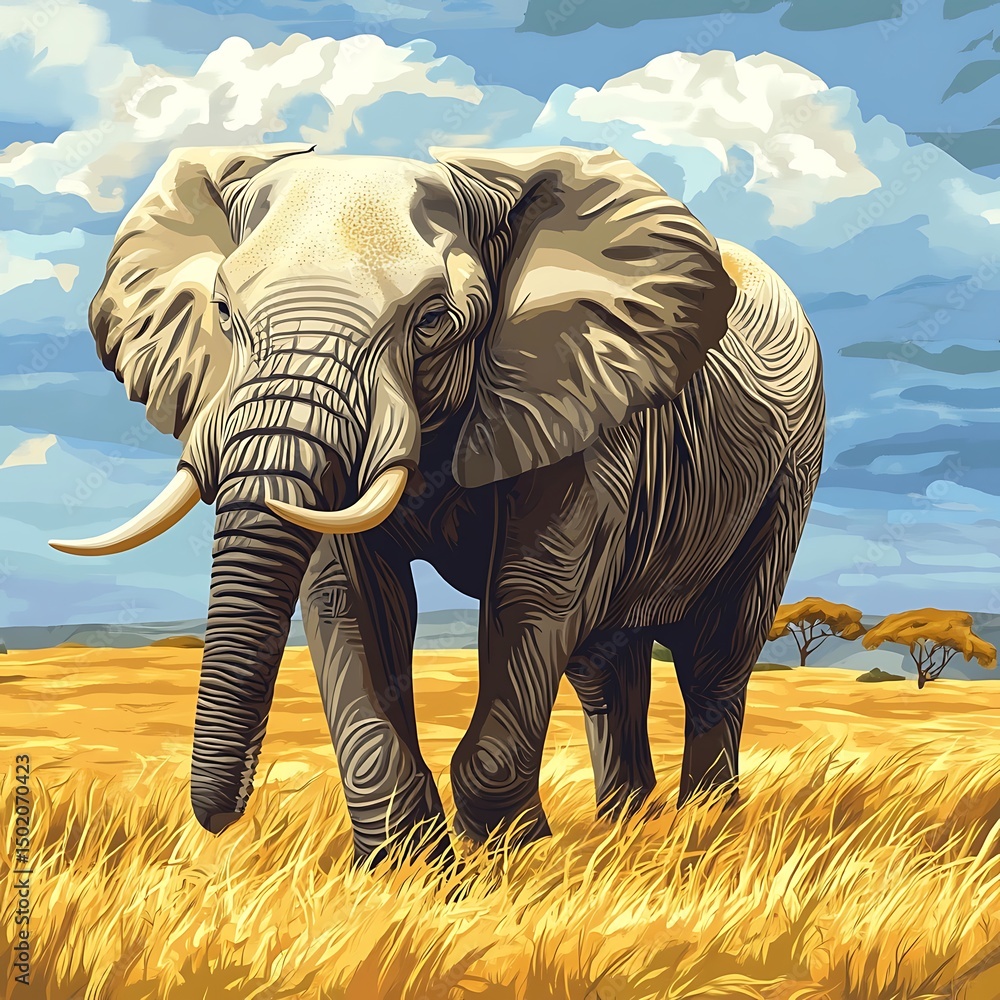 Fototapeta premium Majestic elephant in a golden savanna landscape.