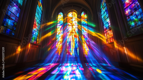 Hyperreal image of stained glass window depicting Pentecost with vibrant colored light beams 
