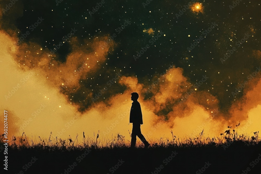 Fototapeta premium Silhouette of a person walking under a starry night sky