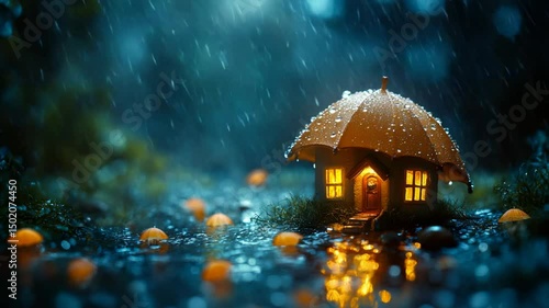 Miniature house sheltered by umbrella in rainy night.