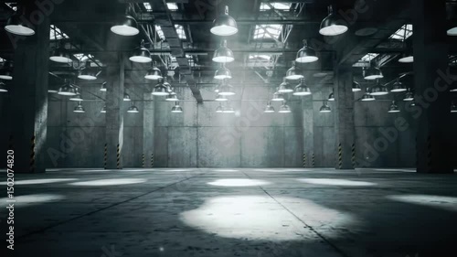 Interior Of Large Empty Warehouse With Spotlights Shining Down, Dark And Moody
