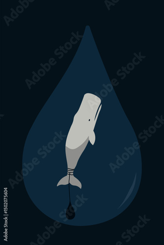 A sperm whale is shackled by a black oil drop in this powerful minimalist artwork. A visual protest against environmental exploitation and marine captivity.