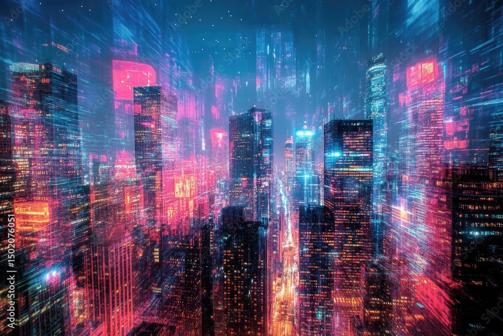 Fototapeta premium A vibrant, futuristic cityscape glows with neon lights, evoking a sense of technology and urban dynamism.