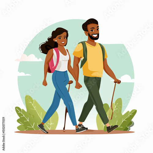 young couple hiking holding hands and smiling