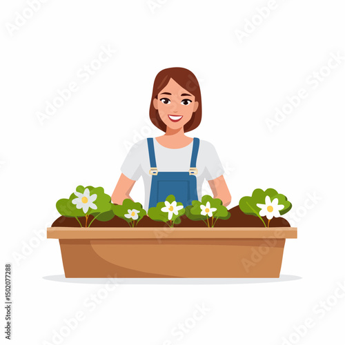 female smiling standing near flower bed