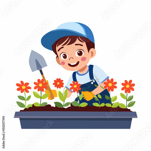 Boy with small shovel smiling and planting red flowers in the flower bed
