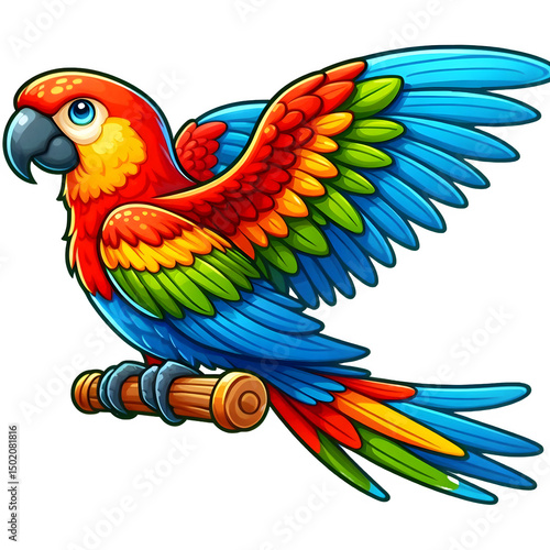 Colorful Parrot Illustration with Vibrant Feathers Perched on Wooden Branch