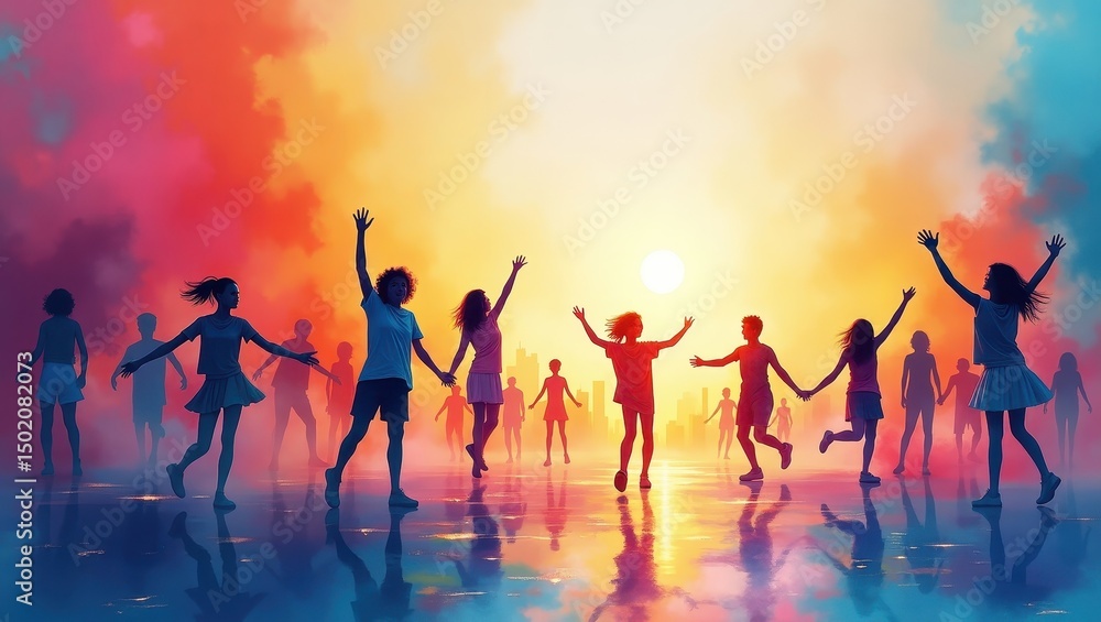 Silhouetted youth celebrate joyfully against a vibrant, colorful sunset, hands raised in unity and freedom, embodying hope and happiness. International Youth Day Silhouetted youth celebrate joyfully against a vibrant, colorful sunset, hands raised in unity and freedom, embodying hope and happiness. International Youth Day
