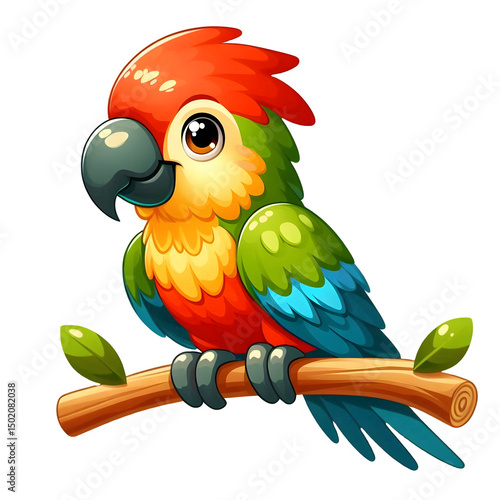 Colorful Parrot Illustration with Vibrant Feathers Perched on Wooden Branch